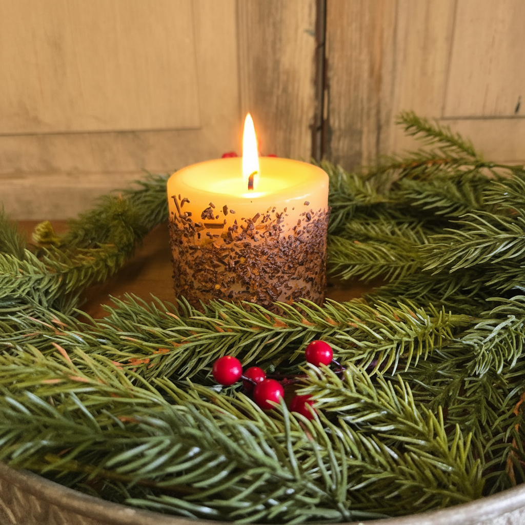 Candle in a decorative wreath with greenery and berries on a wooden surface