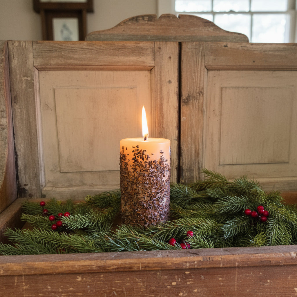 A snickerdoodle scented, beige pillar candle with a brown and silver pattern, placed on a bed of green pine needles with red berries.