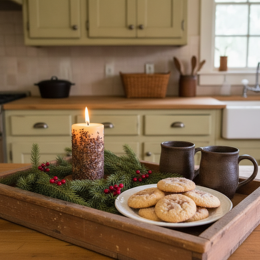 Tray with cookies, mugs, and a candle on a kitchen counter