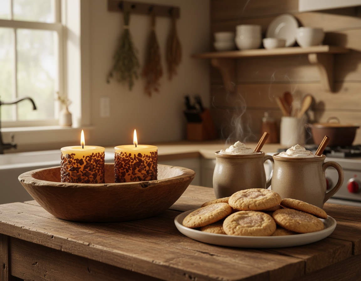 Candlelit scene with cookies and mugs on a wooden table in a kitchen.