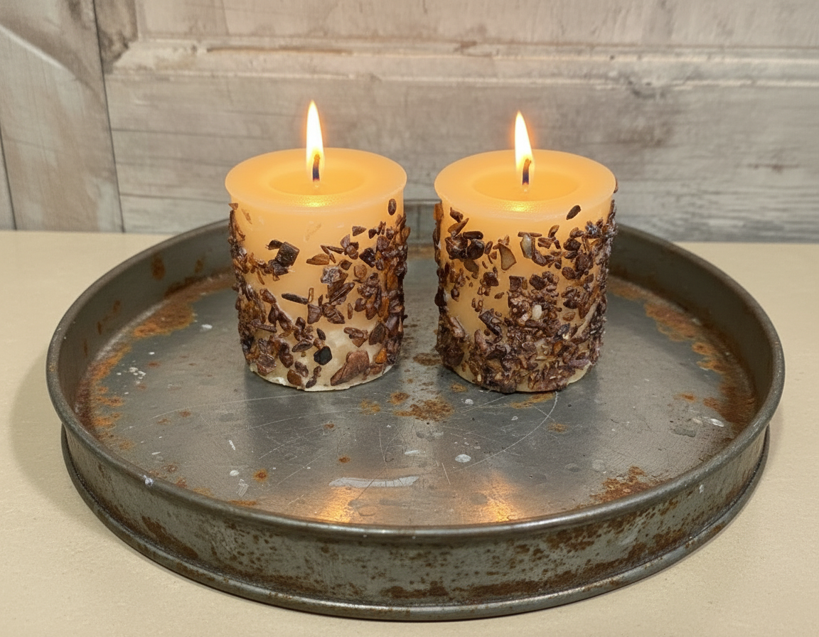 Two lit candles on a rustic metal tray with a textured background