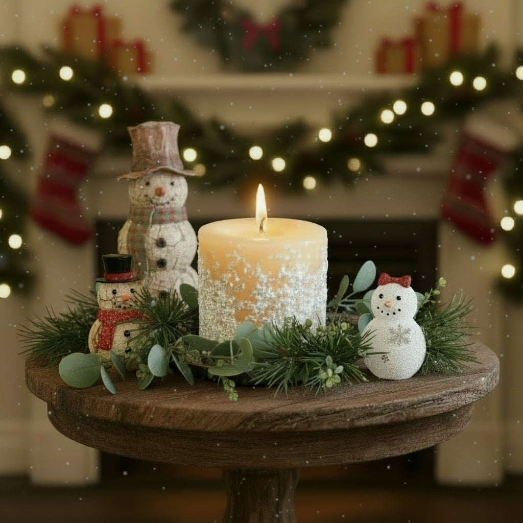 Decorative setup with a lit candle, snowmen, and greenery on a wooden surface, Christmas-themed background.