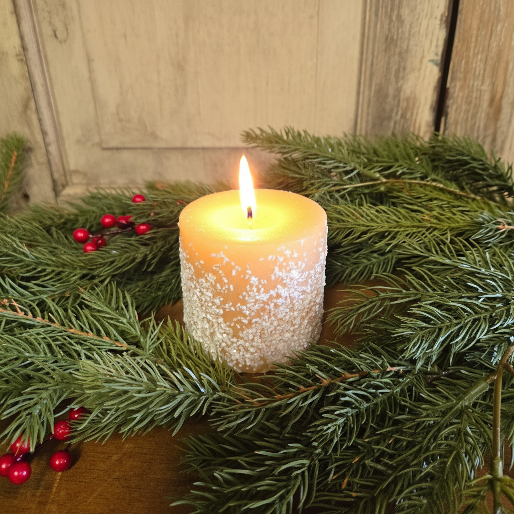 Candle in a decorative wreath with greenery and berries on a wooden surface