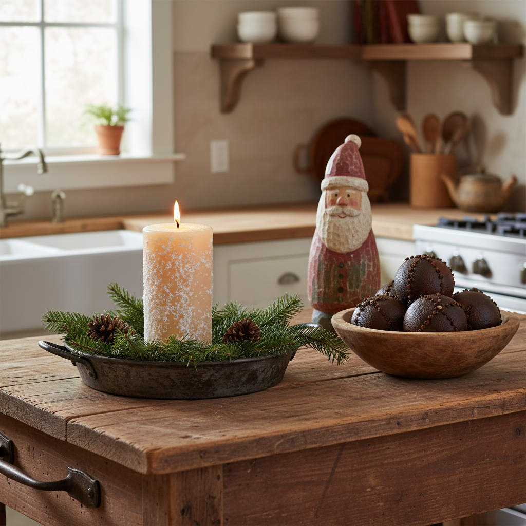Decorative setup on a wooden table with a candle, Santa figurine, and bowl of chestnuts in a kitchen.