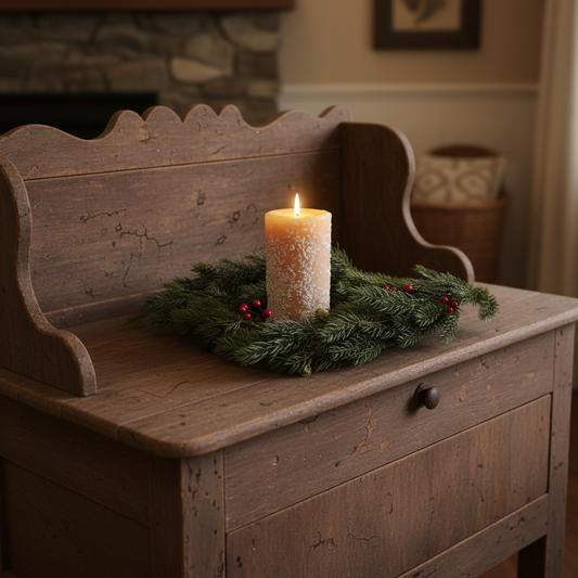 Candle on a wooden surface with a wreath, in a warm indoor setting.