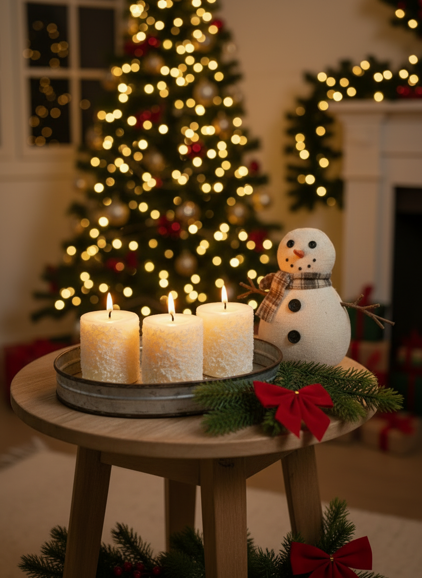 Decorative setup with candles, a snowman figurine, and Christmas tree in the background.