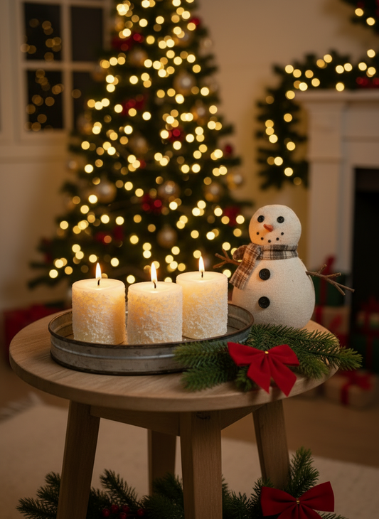 Decorative setup with candles, a snowman figurine, and Christmas tree in the background.