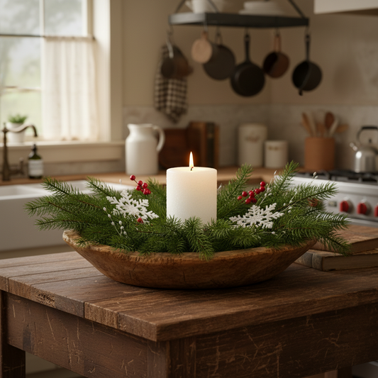 Decorative bowl with a candle and greenery on a kitchen counter