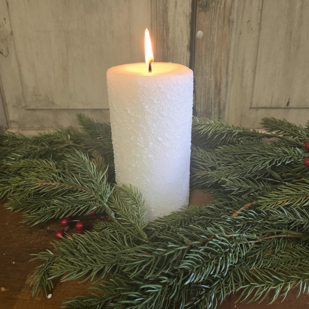 Pillar candle 3x6 with snowflakes on candle with greenery with red berries