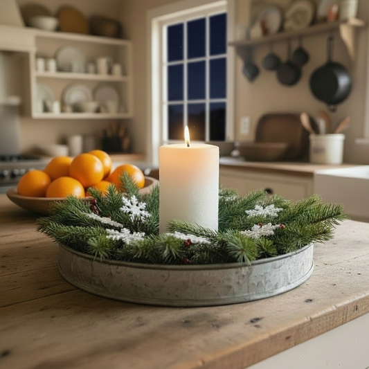 Decorative candle in a festive wreath on a wooden table in a kitchen.