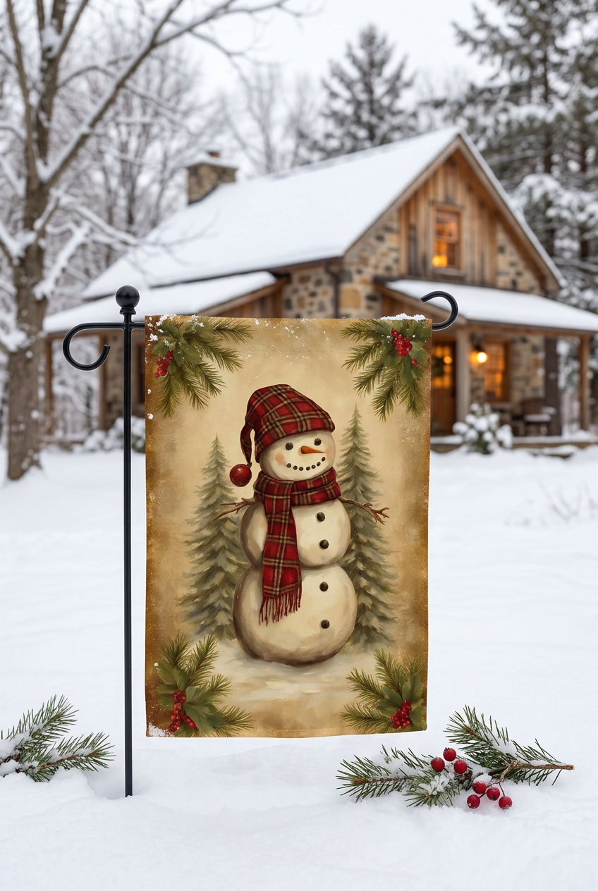 Snowman in Pines garden flag on a black stand in snow outside a rustic cottage, featuring a snowman in a red plaid hat and scarf
