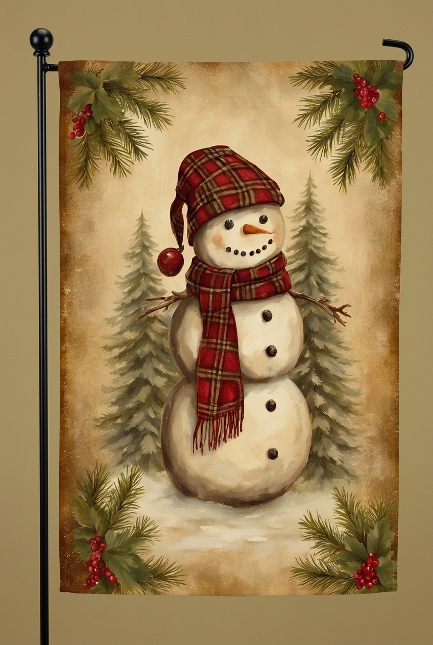 Garden flag featuring a snowman in a red plaid hat and scarf among snowy pine trees, framed by evergreen branches and red berries.