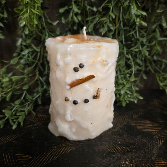 Decorative candle shaped like a snowman on a green leafy background