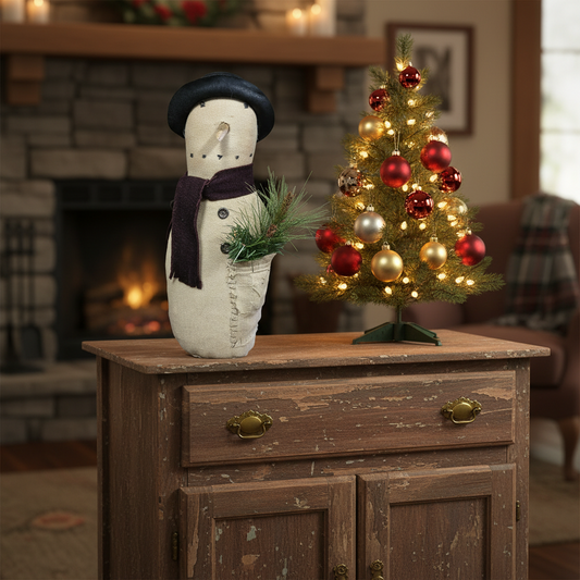 Snowman figurine and small decorated Christmas tree on a wooden cabinet with a fireplace in the background.