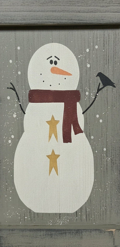 Snowman with crow on a wood panel