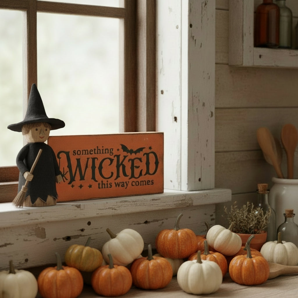 Decorative setup with pumpkins, a witch figurine, and a sign reading 'Something Wicked This Way Comes' on a rustic shelf.