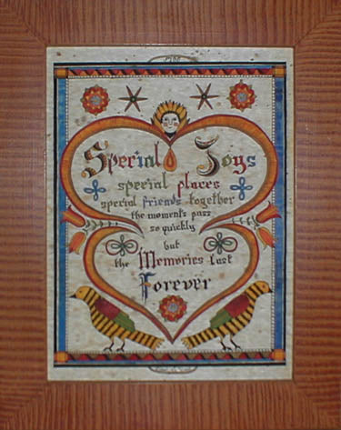 A signed and numbered limited edition fraktur print featuring a colorful design with birds, flowers, and a central figure.