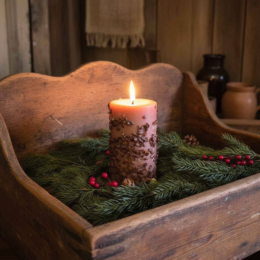 Decorative candle in a wooden box with greenery and berries on a rustic background