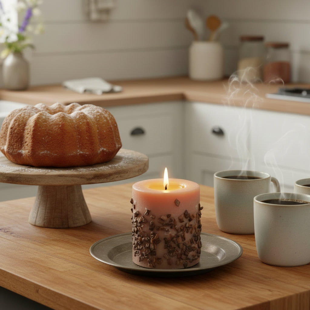Burning votive on a table in a kitchen setting with cake and coffee.