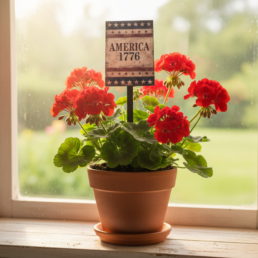 Potted red geranium plant on a windowsill with a 'America 1776' sign in the background.