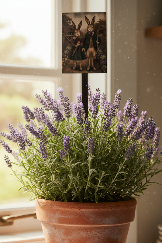 Potted lavender plant in front of a window with a framed picture of rabbits on the wall.