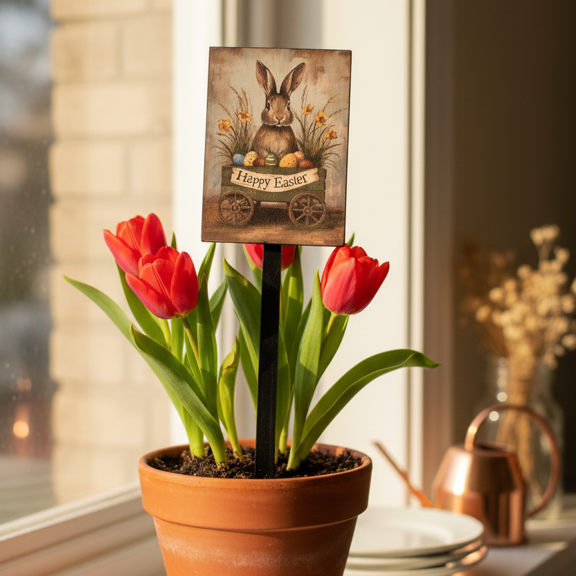 Potted tulips on a windowsill with an Easter-themed sign in the background