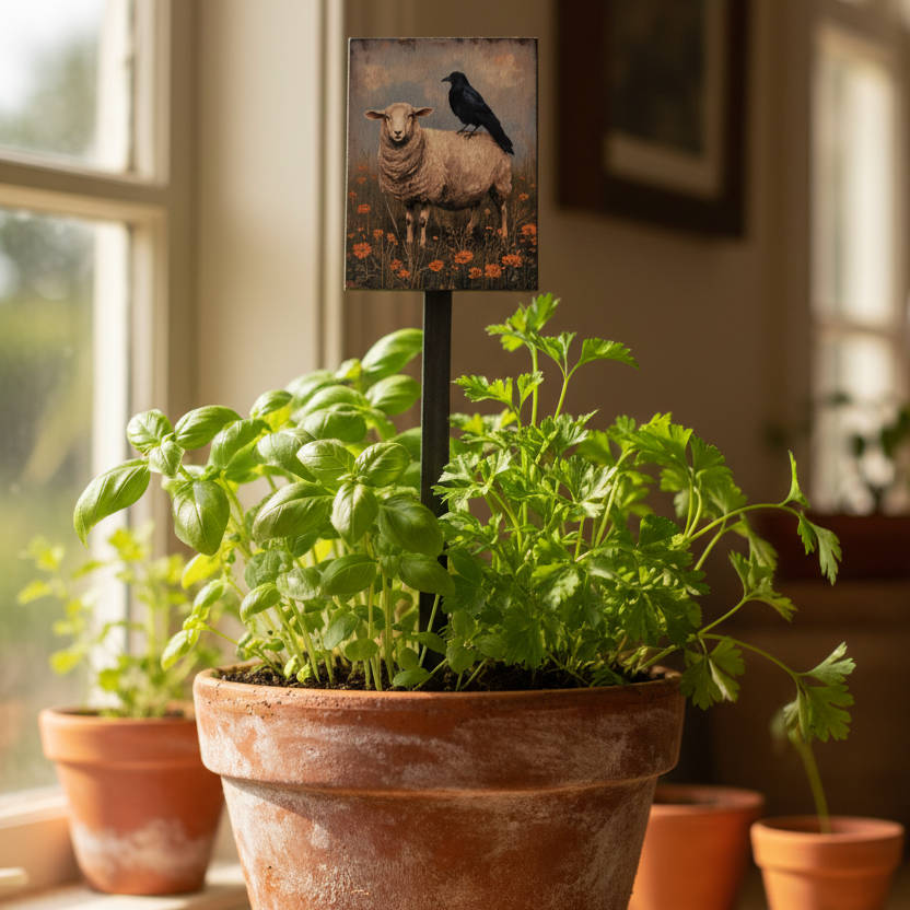 Potted herb plant on a windowsill with a small sign featuring a sheep and crow illustration.