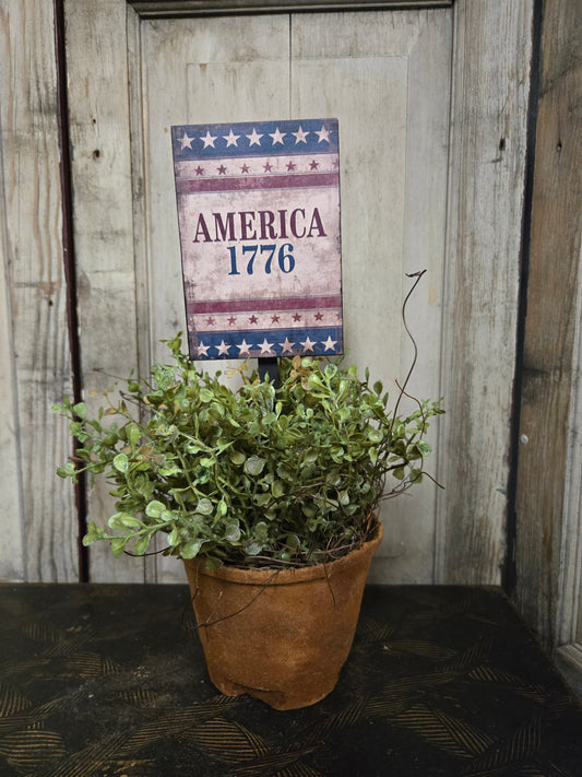 Decorative sign with 'America 1776' on a wooden surface with a potted plant.