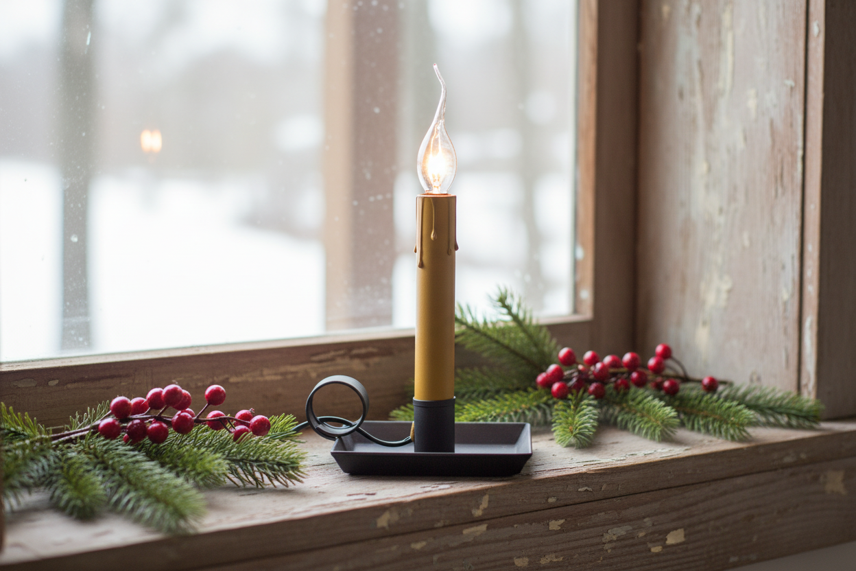 Candle in a yellow holder on a windowsill with greenery and berries