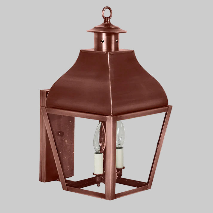 Bronze outdoor lantern with clear glass on a gray background