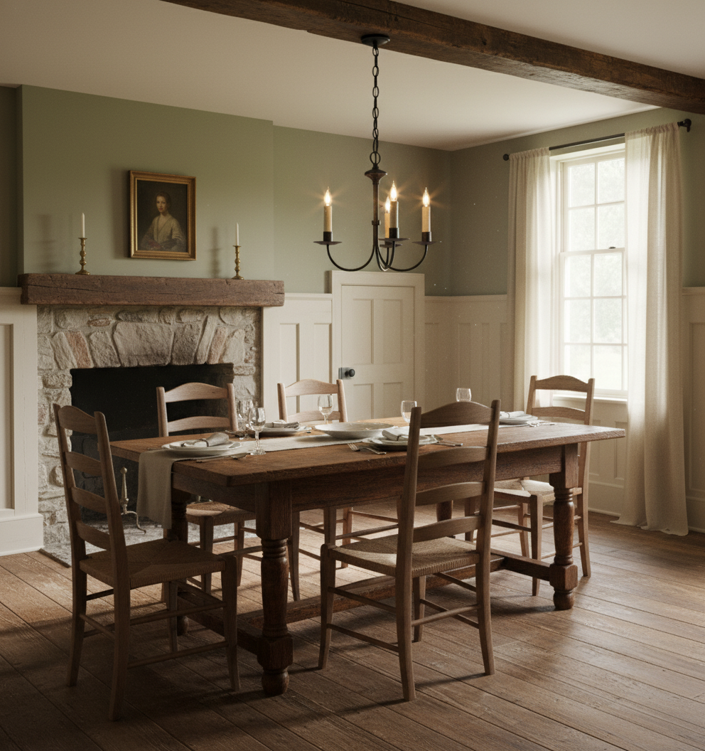 Dining room with wooden table and chairs, fireplace, and chandelier.