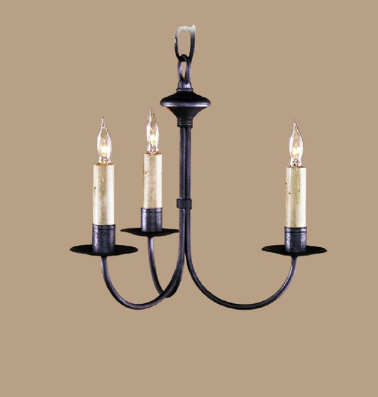 A black wrought iron chandelier with three light fixtures, designed in a classic style.