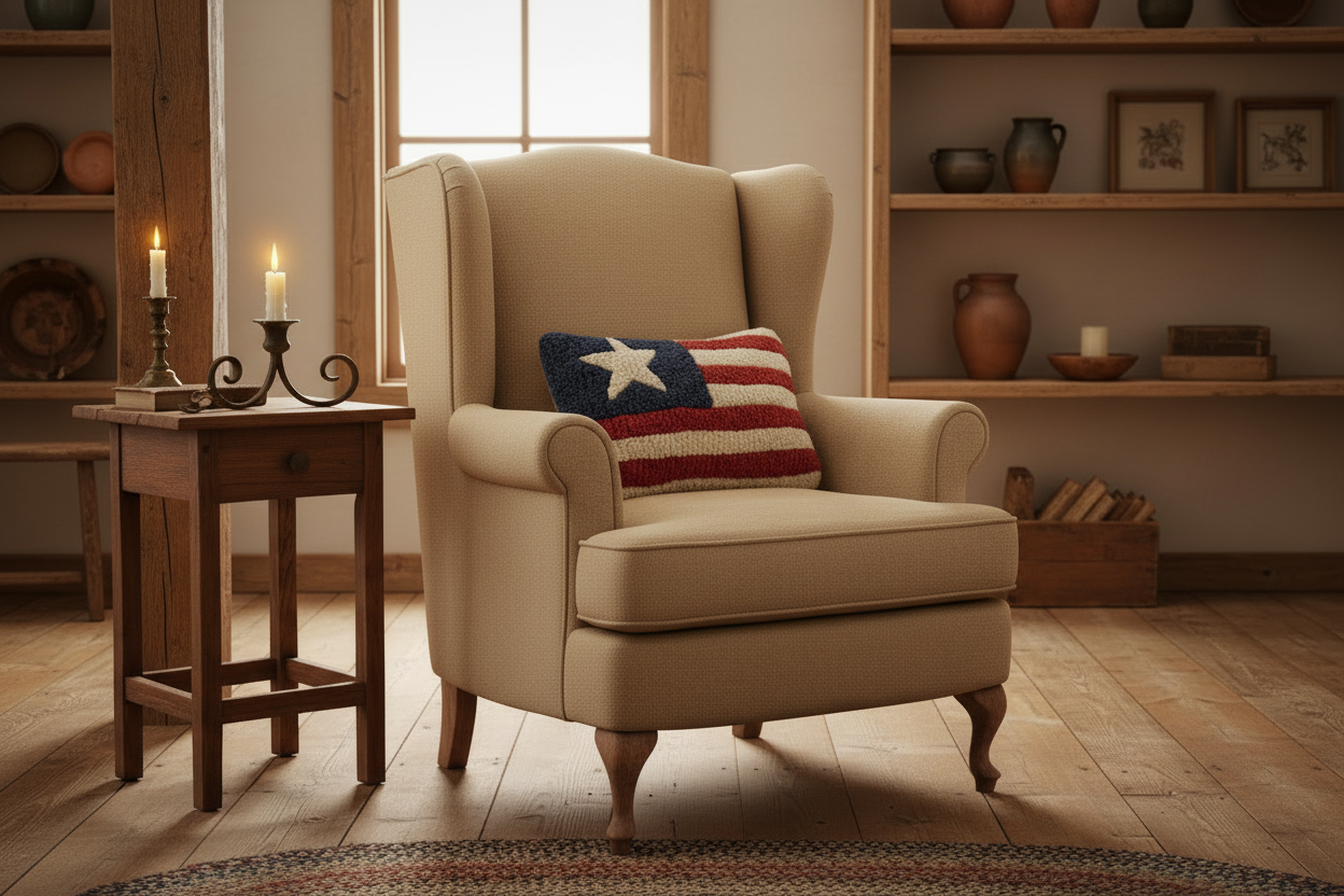 Beige armchair with a decorative pillow featuring an American flag design in a cozy room.