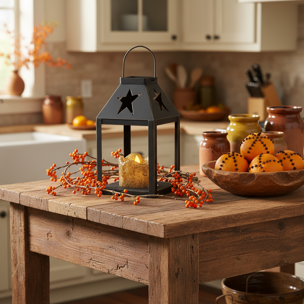 Decorative lantern with berries on a wooden table in a kitchen setting