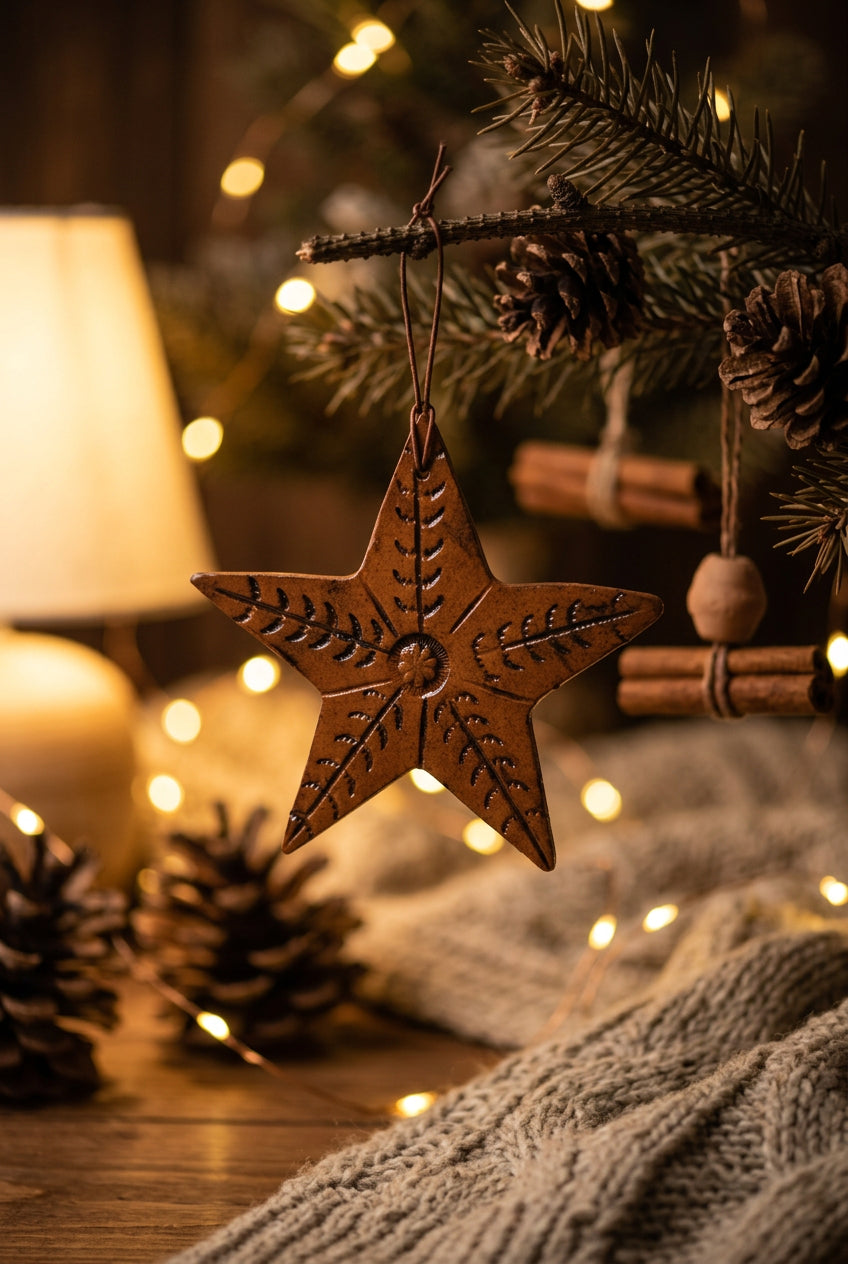 Five-pointed redware star ornament with a glossy brown glaze, etched leafy branches, a stamped flower center, and a hanging cord.