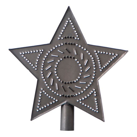 A Kettle Black star-shaped tree topper with a pattern of holes creating a starburst design on a black background.