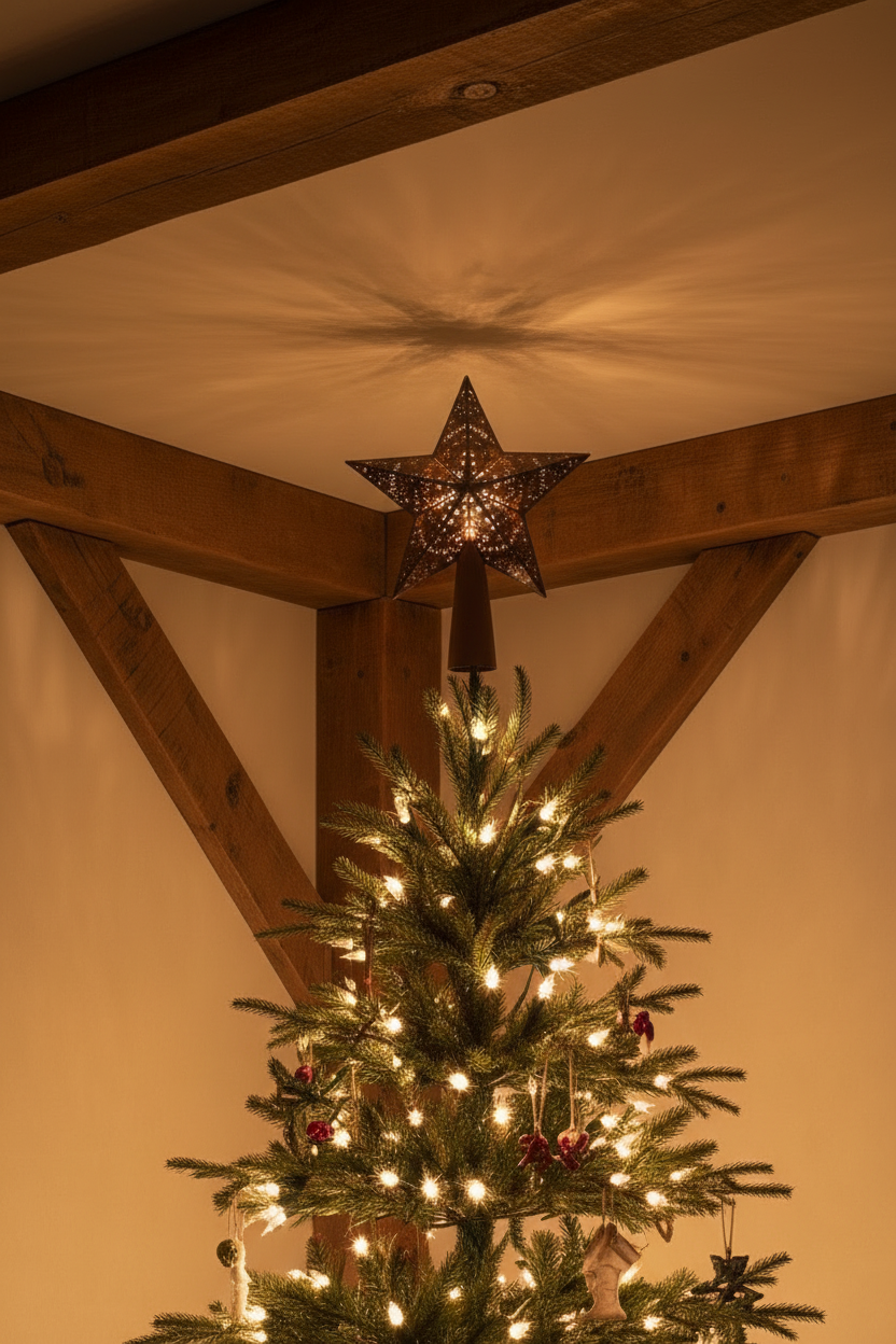 Decorated Christmas tree with a star-shaped light fixture against wooden beams.