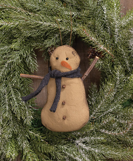 Stiffened fabric jingle bell primitive snowman ornament with blue scarf and stick arms