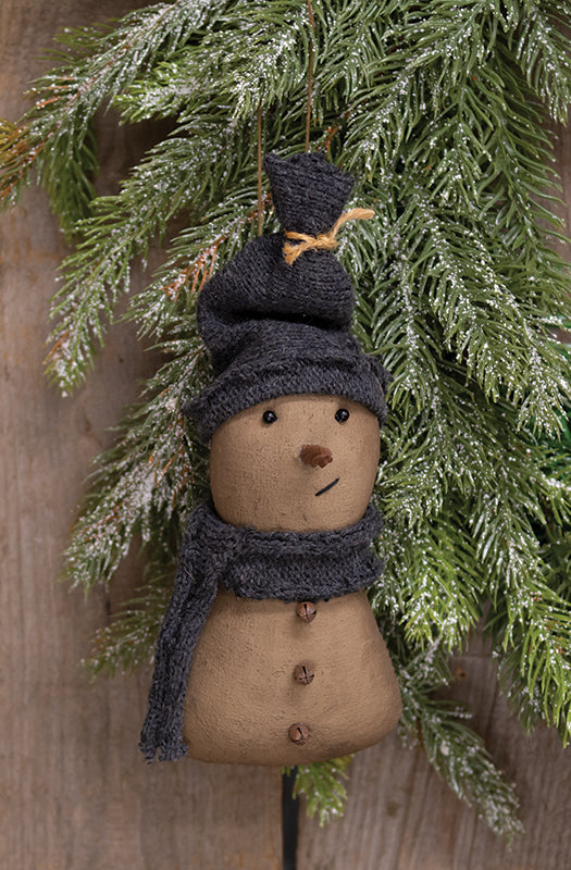 Primitive stiffened fabric snowman with blue hat and scarf