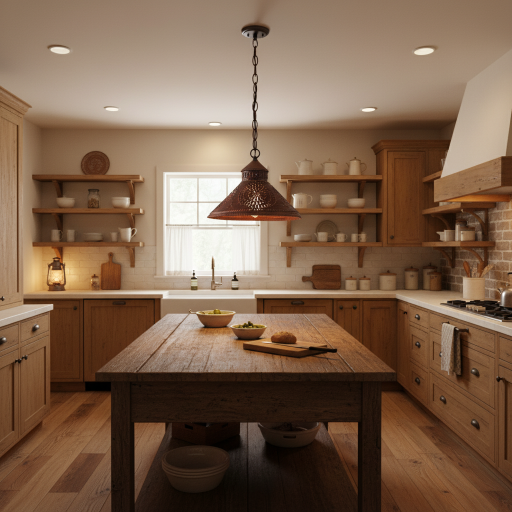 Kitchen with wooden island and shelves, featuring a pendant light.