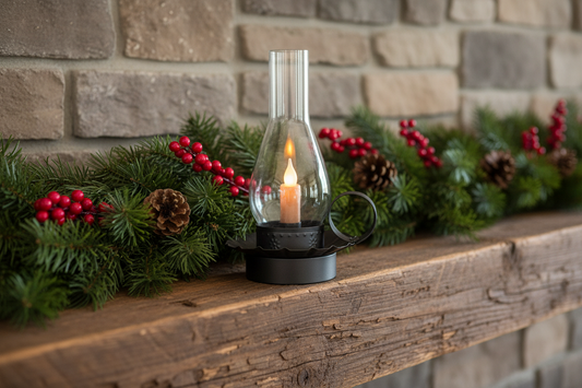 Decorative candle on a mantel with greenery and berries against a stone wall.