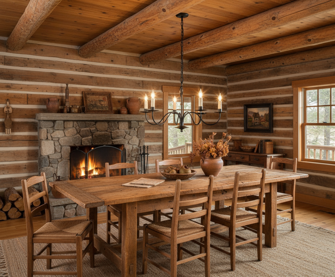 Wrought iron chandelier hanging over dining table in log cabin home with a fire in the fireplace.
