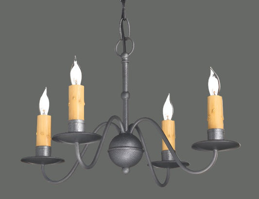 A wrought iron chandelier with a pewter color finish, featuring a classic design with four lights and wooden shades.