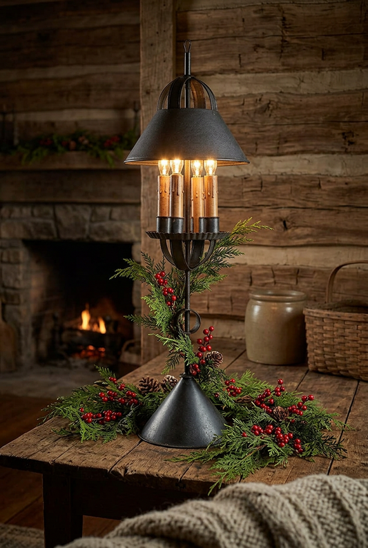 A tall tin table light with a black finish and a geometric design, mounted on a wooden table in a primitive home setting with fireplace.