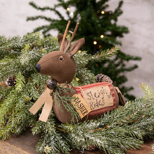 Decorative reindeer ornament with a log roll on a Christmas tree.