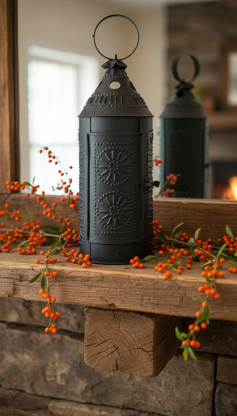 Decorative black lantern on a wooden surface with berries