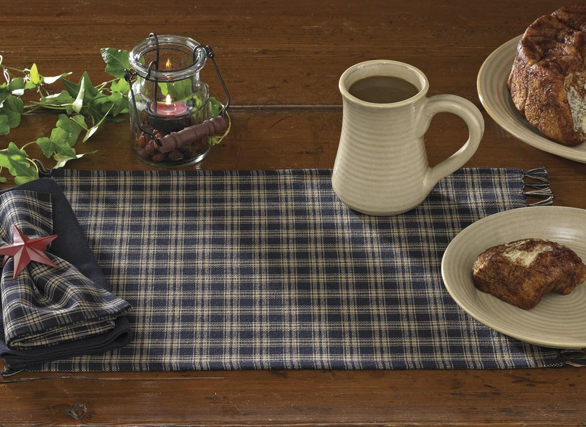 Table setting with a plaid runner, mug, plates with bread, and a candle.