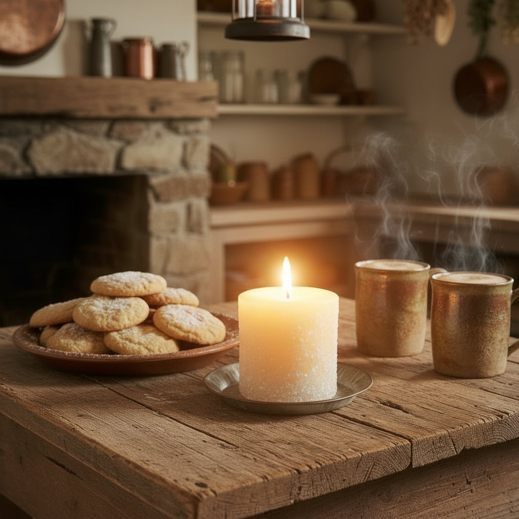 Burning pillar on a table with coffee and cookies in a room setting.