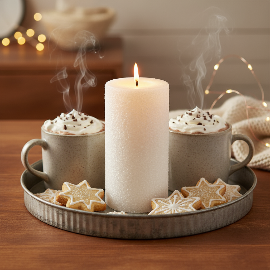 Two mugs of hot chocolate with whipped cream, a lit candle, and star-shaped cookies on a wooden table.