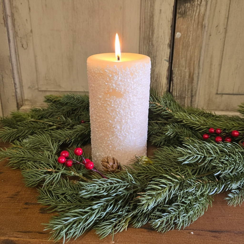 White candle on a bed of greenery with red berries against a wooden background